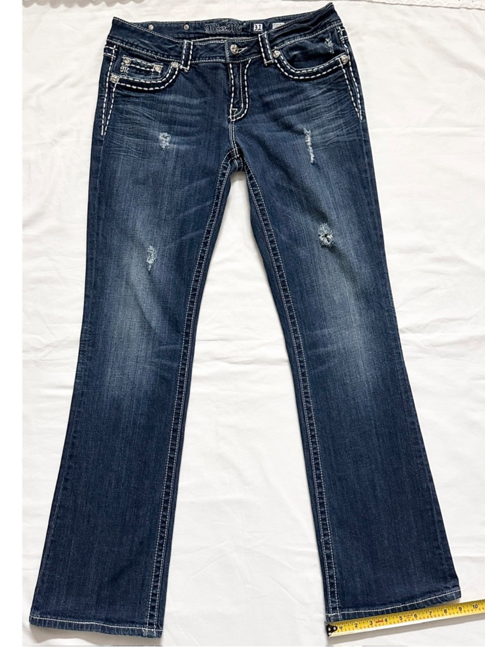 Miss Me Boot Cut Jeans Size 31 Dark Wash Flap Pocket Low Rise Stretch
